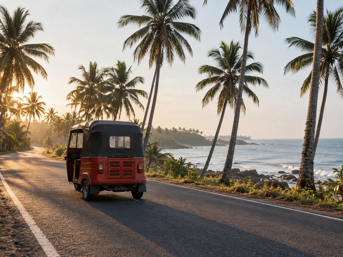 Tuk-tuk on a coconut-lined southern coastal road near Tangalle in early-morning light