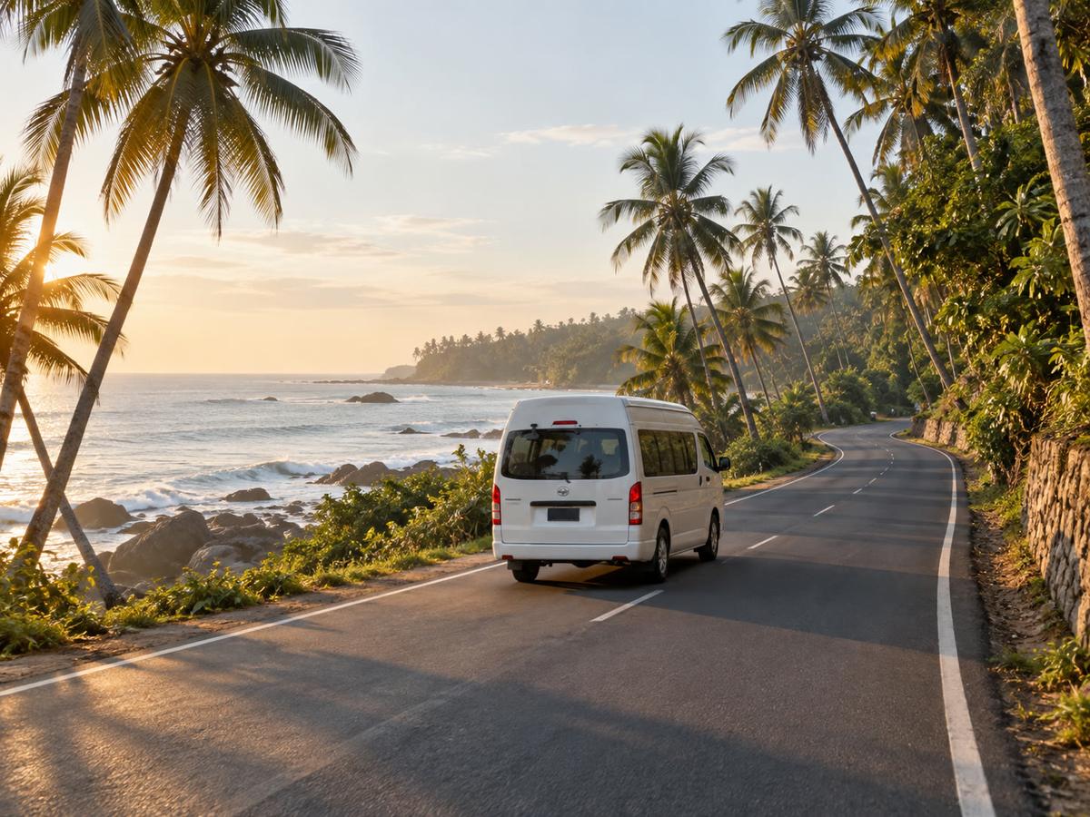 White van on the Tangalle coastal road, coconut fringe, early morning