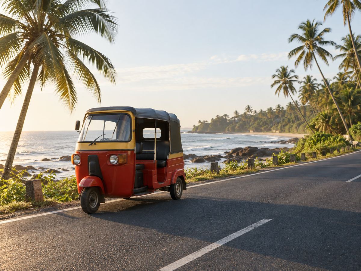 Tuk-tuk on a southern coastal road with palms and a pale sky