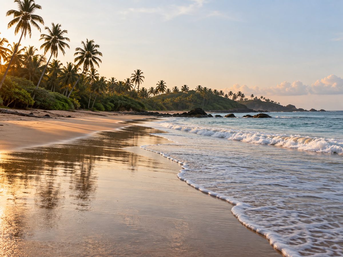 Empty Tangalle beach at dawn, wet sand and coconut palms