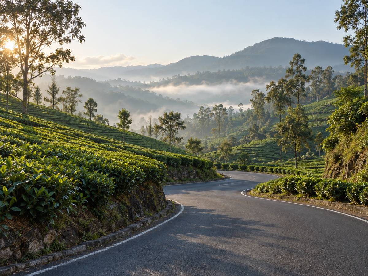 Tea-country switchback in early mist, clipped tea and an empty bend