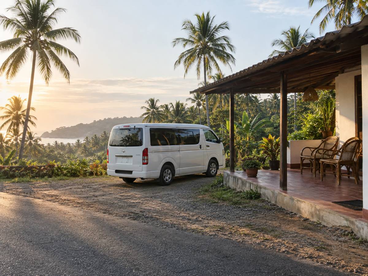 White van at a rest-house terrace overlooking coconut land, chairs empty
