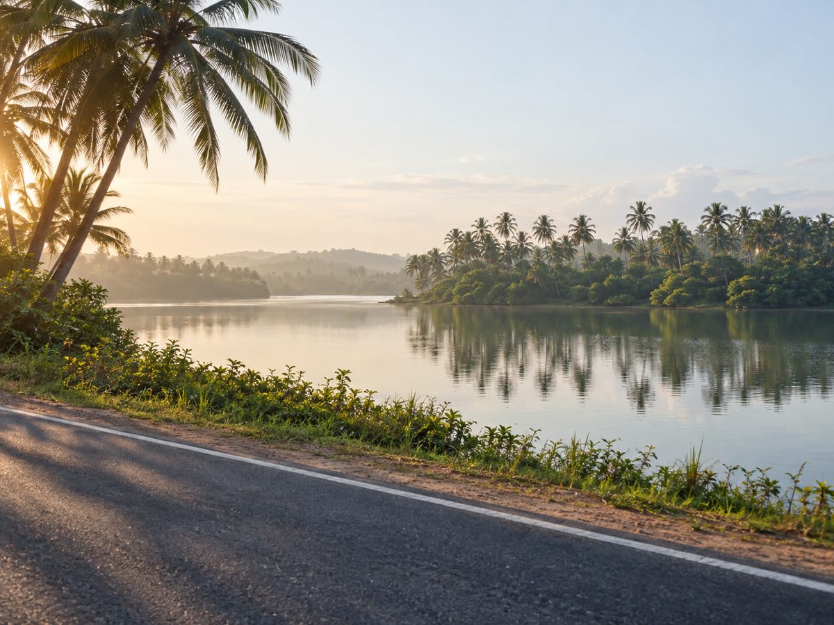Southern lagoon seen from the coastal road, still water and palms