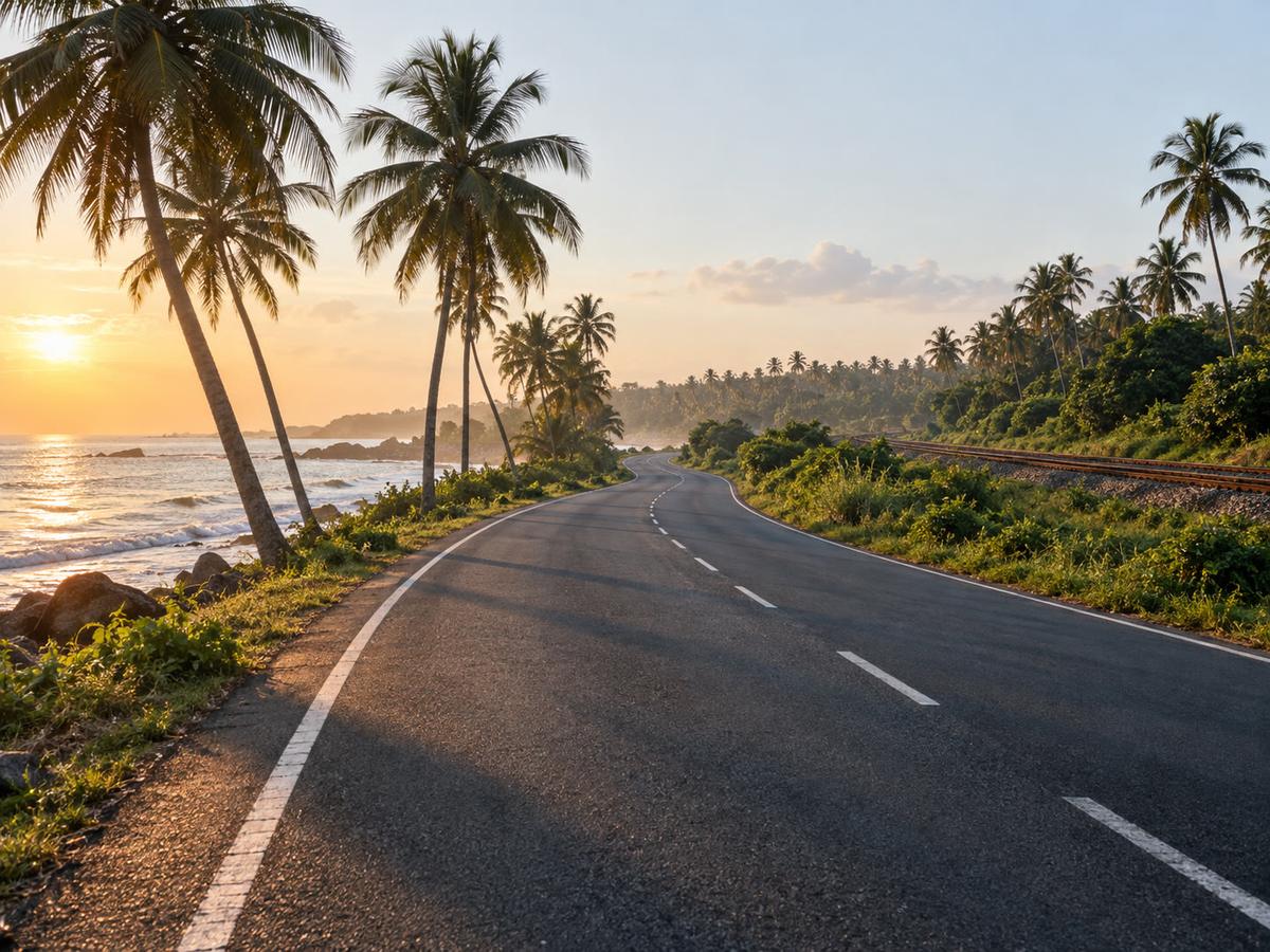 Dawn light on a southern coastal road and a distant rail line